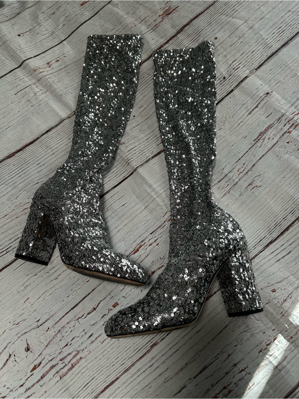 Dolce & Gabbana Silver Sequin Knee-High Block Heel Sock Boots Sz 37